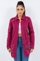American Bazi Women's Distressed Denim Jacket - Button Up Long Sleeve
